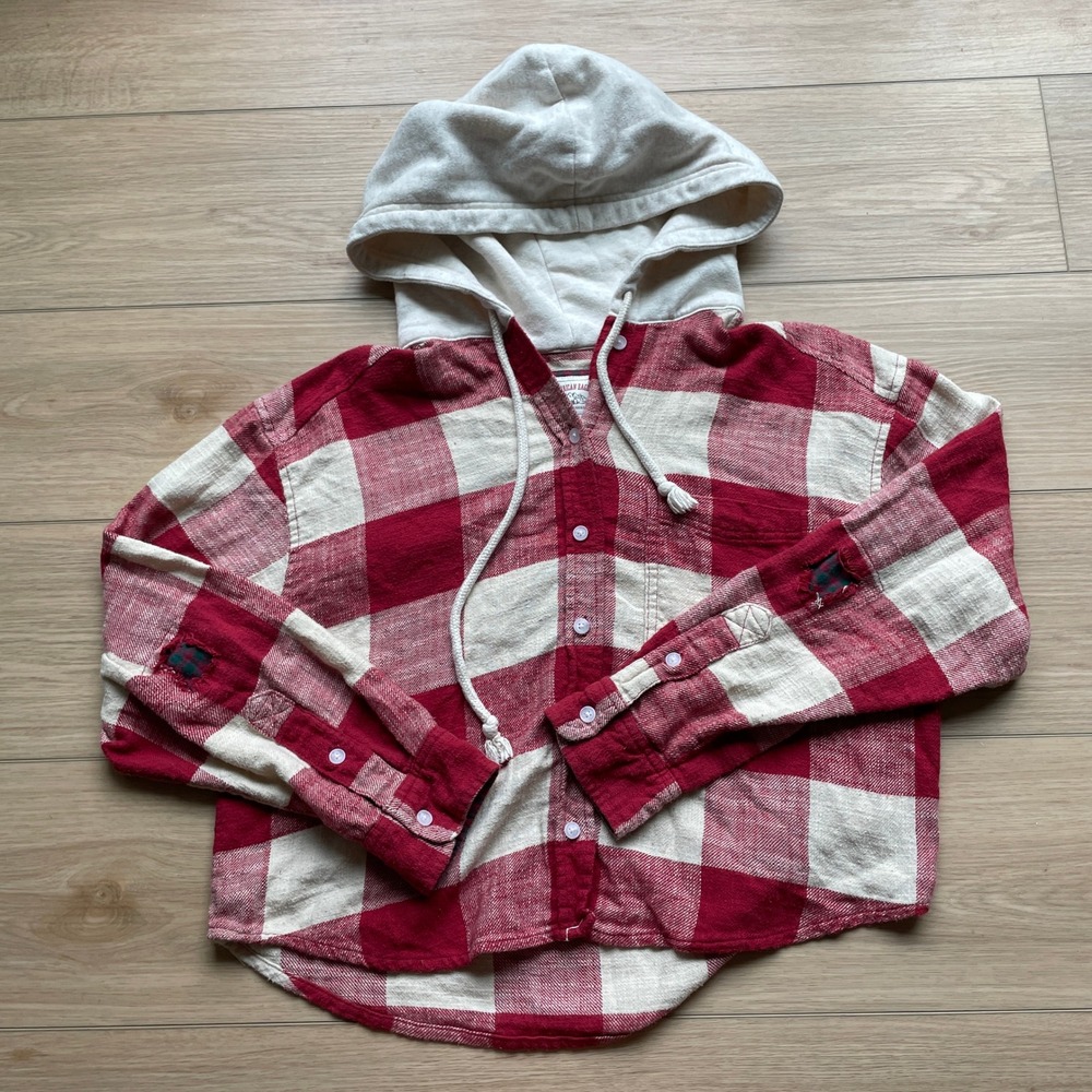 American Eagle Red Buffalo Plaid Hooded Flannel Shirt Medium Mens Hooded Flannel